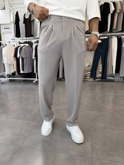 İthal Pileli Krep Baggy Pantolon Gri