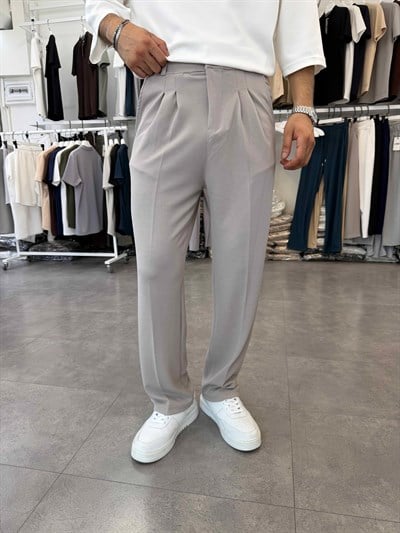 İthal Pileli Krep Baggy Pantolon Gri