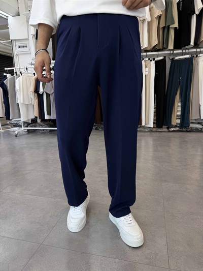 İthal Pileli Krep Baggy Pantolon Lacivert