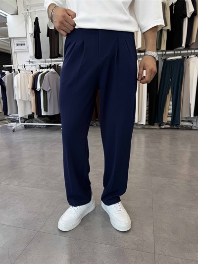 İthal Pileli Krep Baggy Pantolon Lacivert