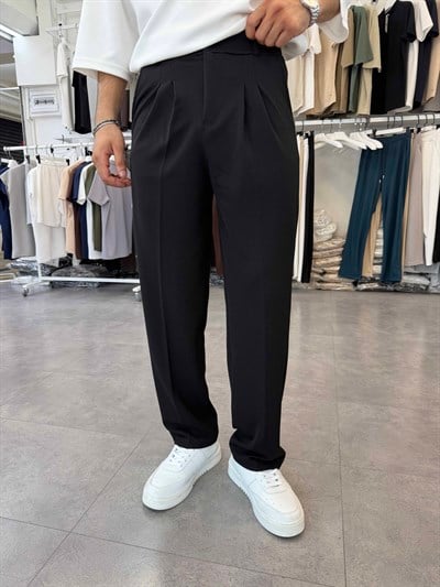 İthal Pileli Krep Baggy Pantolon Siyah