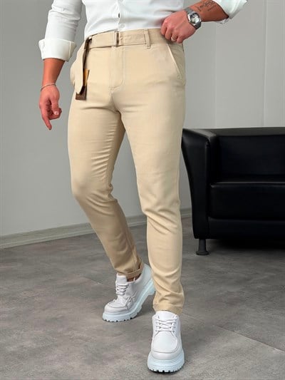 Kemerli Duble Paça Pantolon Bej