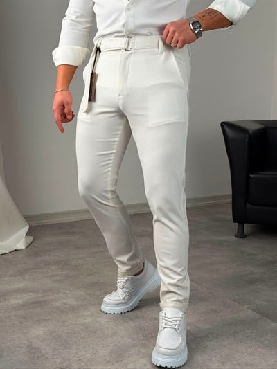Kemerli Duble Paça Pantolon Beyaz