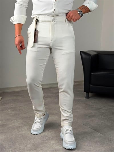Kemerli Duble Paça Pantolon Beyaz