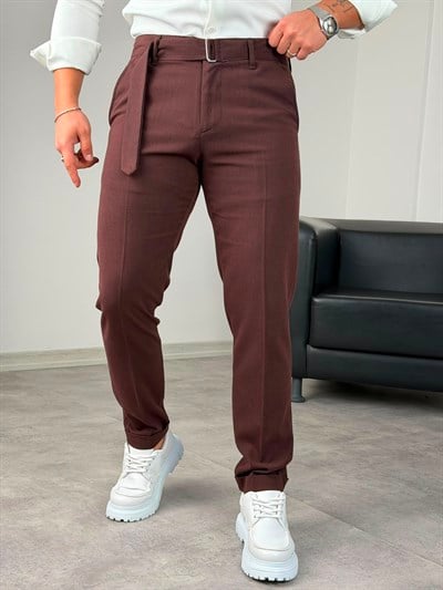 Kemerli Duble Paça Pantolon Bordo