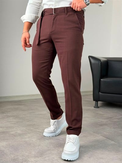 Kemerli Duble Paça Pantolon Bordo