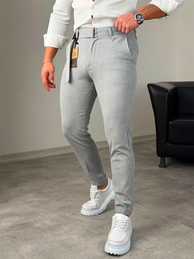 Kemerli Duble Paça Pantolon Gri
