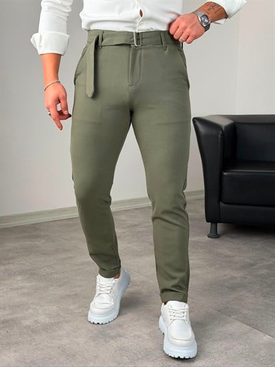 Kemerli Duble Paça Pantolon Haki