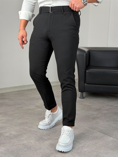 Kemerli Duble Paça Pantolon Siyah