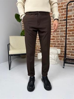 Kendinden Kemerli Kumaş Pantolon Acı Kahve