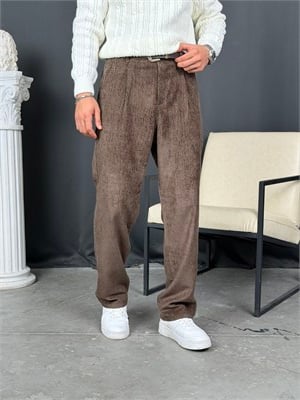 Kışlık Baggy Efektli Kadife Pantolon Acı Kahve