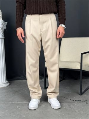 Kışlık Pileli Gabardin Baggy Pantolon Bej