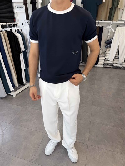 Kol ve Yaka Detaylı Regular Tişört Lacivert