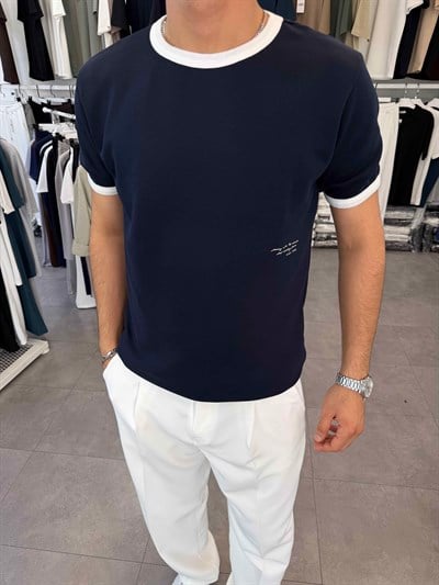 Kol ve Yaka Detaylı Regular Tişört Lacivert