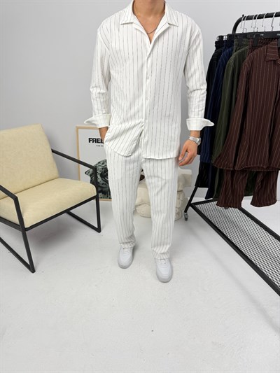 Krep Çizgili Takım Beyaz