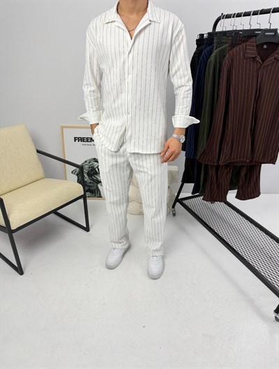 Krep Çizgili Takım Beyaz