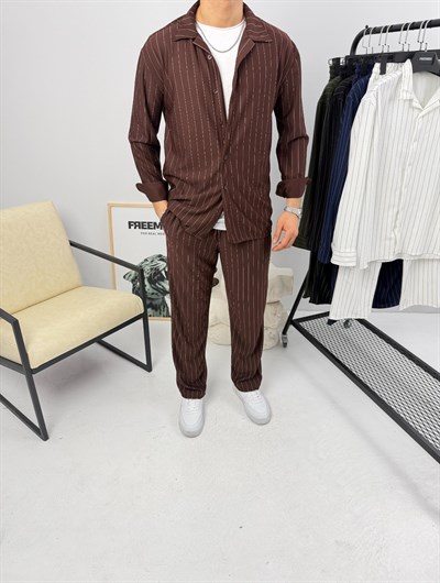 Krep Çizgili Takım Kahverengi