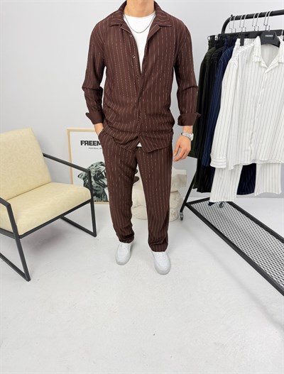 Krep Çizgili Takım Kahverengi