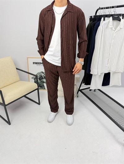 Krep Çizgili Takım Kahverengi