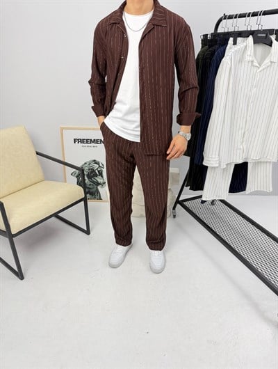 Krep Çizgili Takım Kahverengi