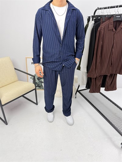 Krep Çizgili Takım Lacivert