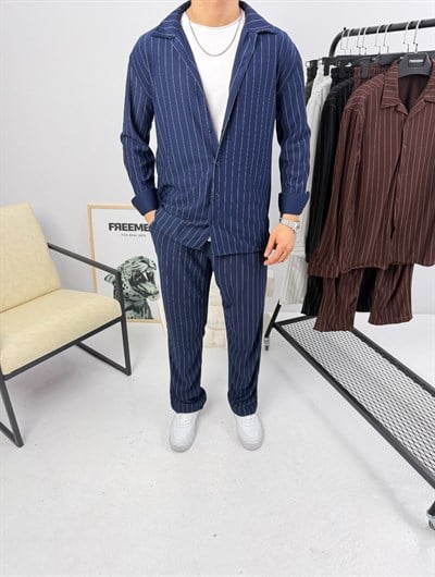 Krep Çizgili Takım Lacivert