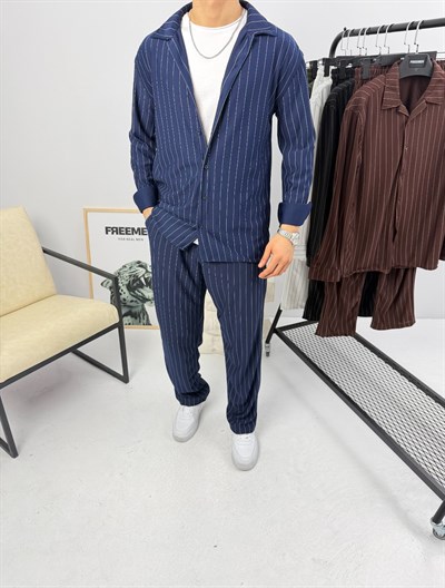 Krep Çizgili Takım Lacivert