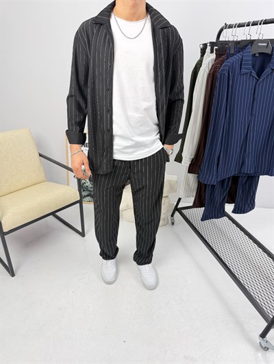 Krep Çizgili Takım Siyah