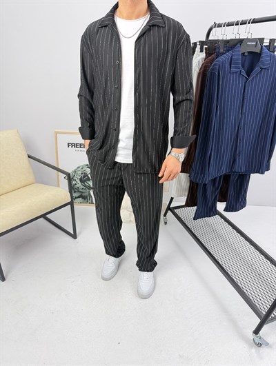 Krep Çizgili Takım Siyah