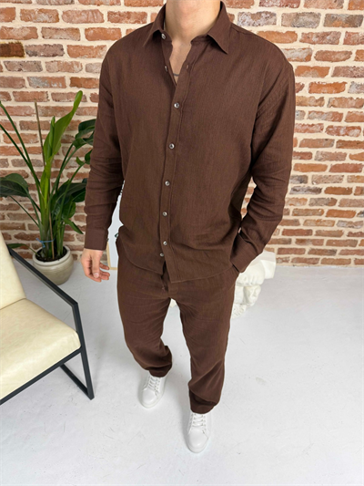 Krinkıl Keten Gömlek Takım Acı Kahve