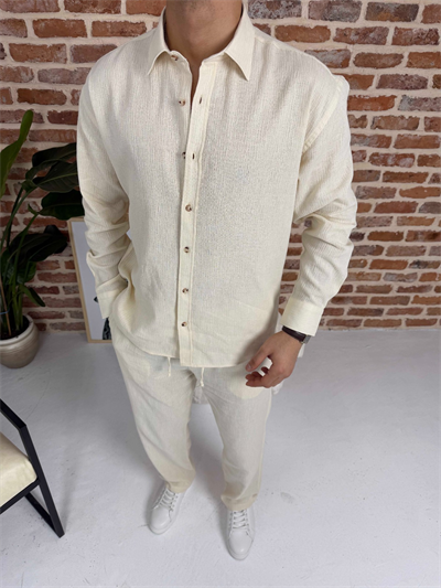 Krinkıl Keten Gömlek Takım Bej