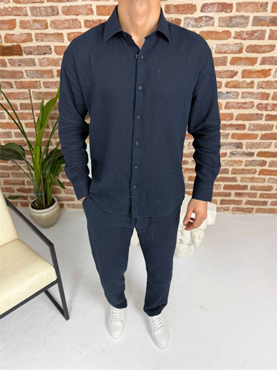 Krinkıl Keten Gömlek Takım Lacivert