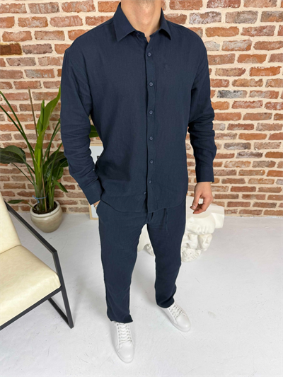 Krinkıl Keten Gömlek Takım Lacivert