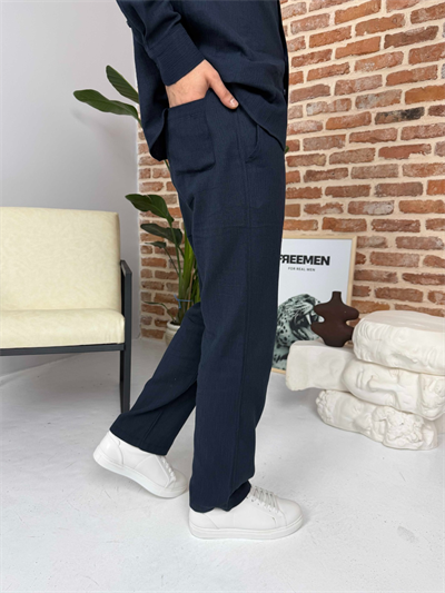 Krinkıl Keten Gömlek Takım Lacivert