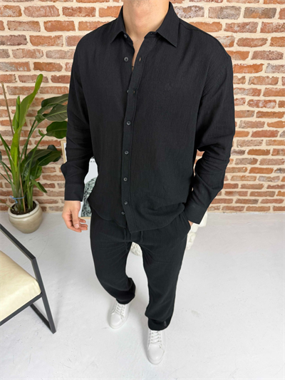 Krinkıl Keten Gömlek Takım Siyah