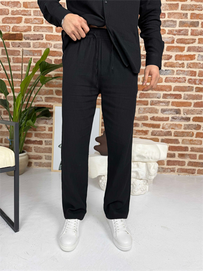 Krinkıl Keten Gömlek Takım Siyah