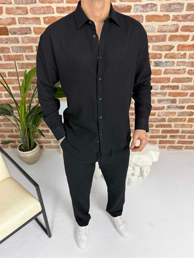 Krinkıl Keten Gömlek Takım Siyah