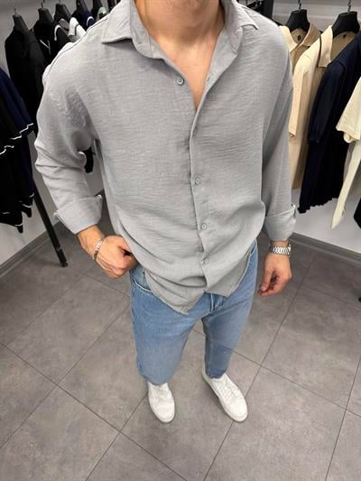 Krinkıl Oversize Pamuklu Keten Gömlek Taş Gri