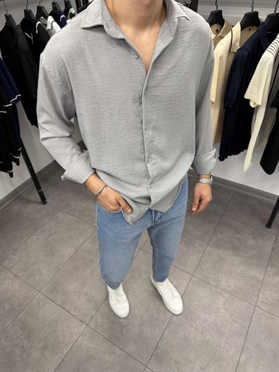 Krinkıl Oversize Pamuklu Keten Gömlek Taş Gri