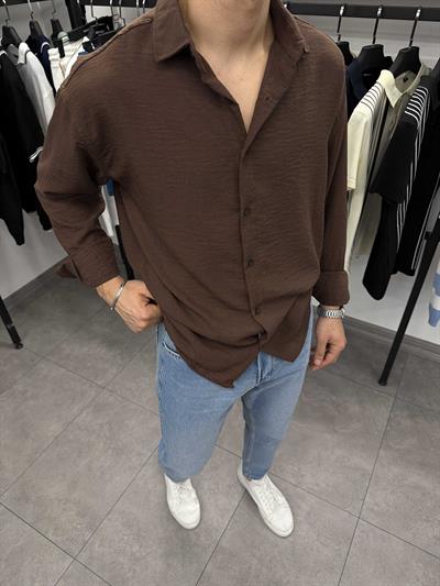 Krinkıl Oversize Pamuklu Keten Gömlek Acı Kahve