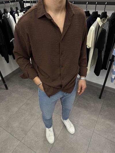 Krinkıl Oversize Pamuklu Keten Gömlek Acı Kahve