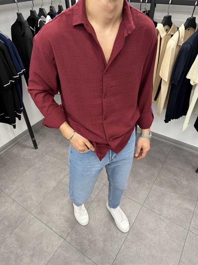 Krinkıl Oversize Pamuklu Keten Gömlek Bordo