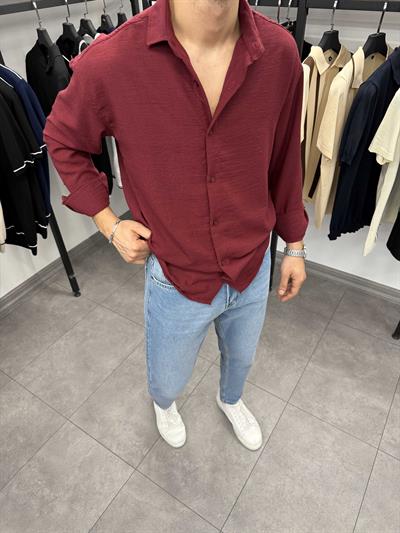 Krinkıl Oversize Pamuklu Keten Gömlek Bordo