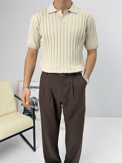 Likralı Apaş Yaka Triko Bej