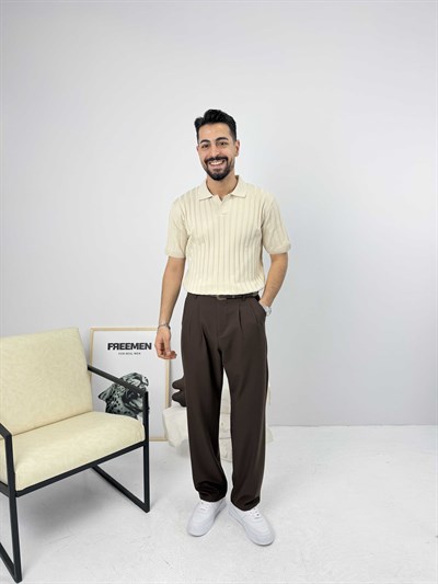 Likralı Apaş Yaka Triko Bej