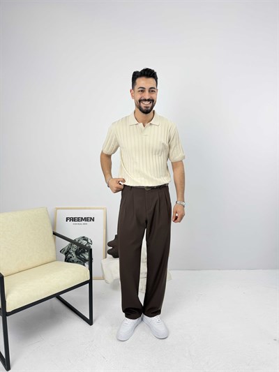 Likralı Apaş Yaka Triko Bej