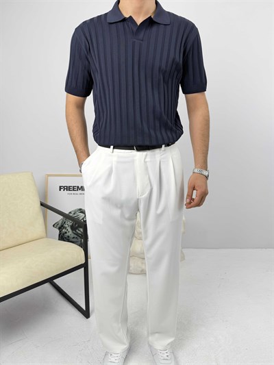 Likralı Apaş Yaka Triko Lacivert