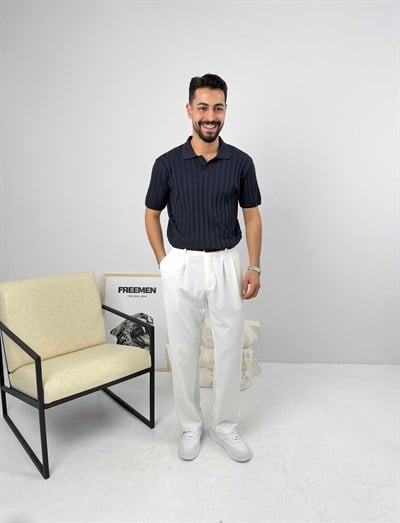 Likralı Apaş Yaka Triko Lacivert