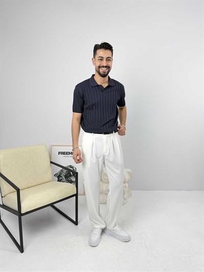 Likralı Apaş Yaka Triko Lacivert