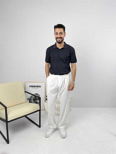 Likralı Apaş Yaka Triko Lacivert